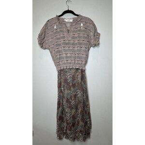 Vintage 70s Koos van den Akker 2-Piece Beige Lace Silk Skirt Outfit Set Sz S